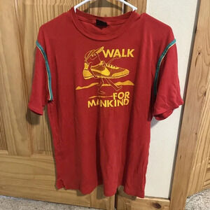 Vintage 1970s L Walk For Mankind Nike Sneaker Graphic Red T Shirt Single Stitch